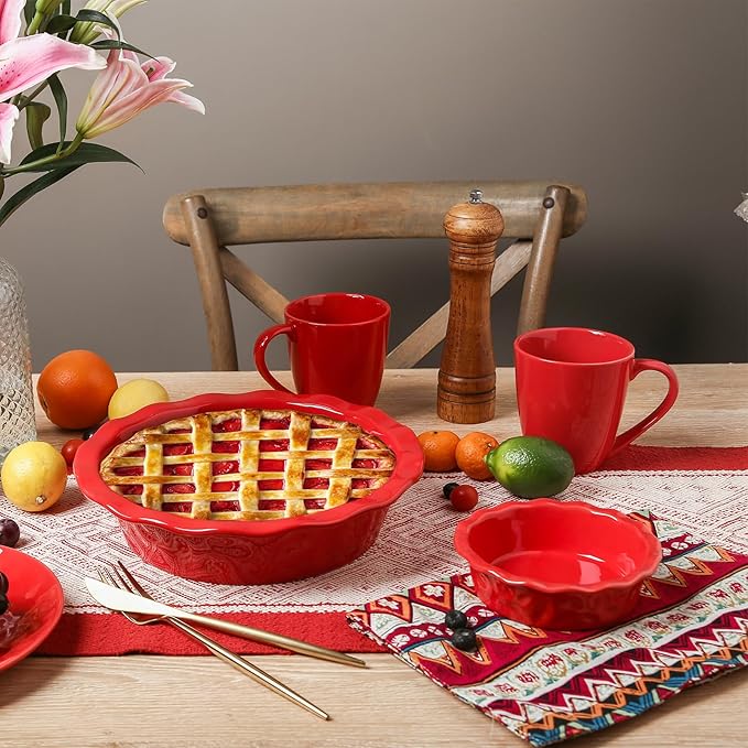 Vicrays Ceramic Pie Pan for Baking - 5.5 inch Small Pie Plates Deep Dish Round Pot Casserole Mini Serving Bowl - Microwave Oven Safe for Dessert Apple Pie Cake Tart Pizza Set of 6 - Red