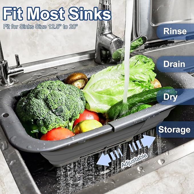 ROTTOGOON 7Qt Collapsible Colander Strainer, Expandable Over the Sink Colander, Adjustable Silicone Kitchen Sink Strainer, Foldable Large Colanders Basket to Wash Vegetable, Fruit, 15" to 19.8"