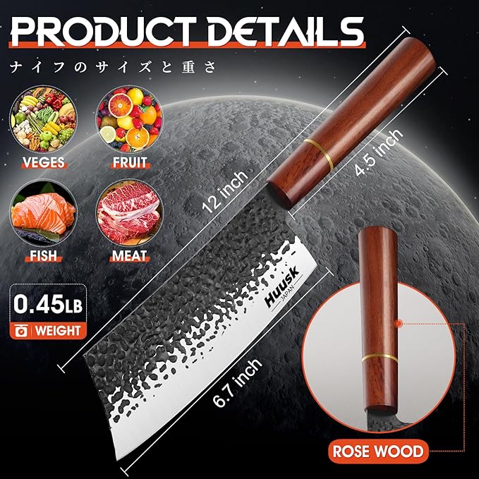 Huusk Japanese Cleaver Knife for Meat Cutting, 6.7 inch Hand Forged Chef Knife High Carbon Steel Sharp Kitchen Knife for Chopping Vegetable, Gift for Dad