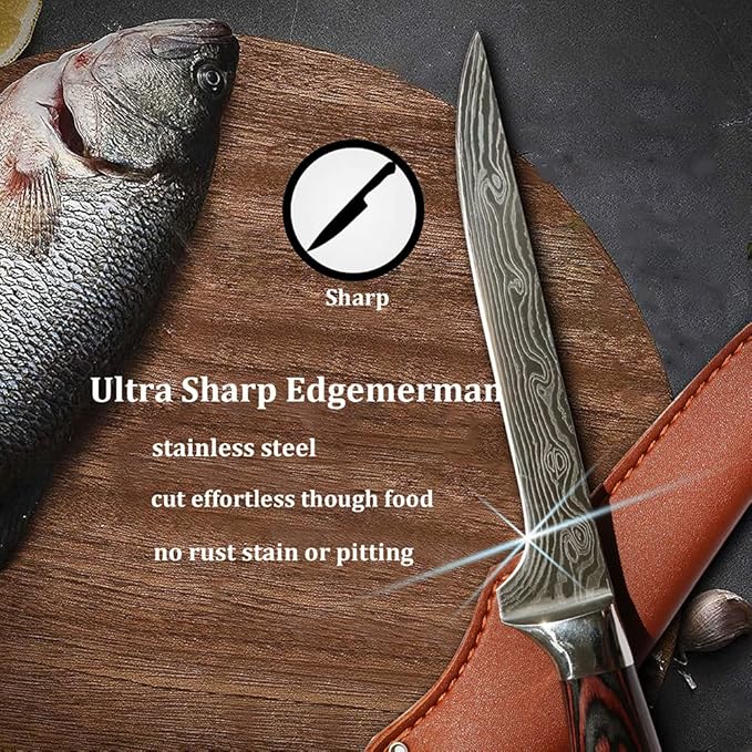 Premium Boning Knife with Sheath & Pocket Sharpener 6 Inch High Carbon Stainless Steel Japanese Fillet Professional Trimming Knife for Meat, Fish, Deboning