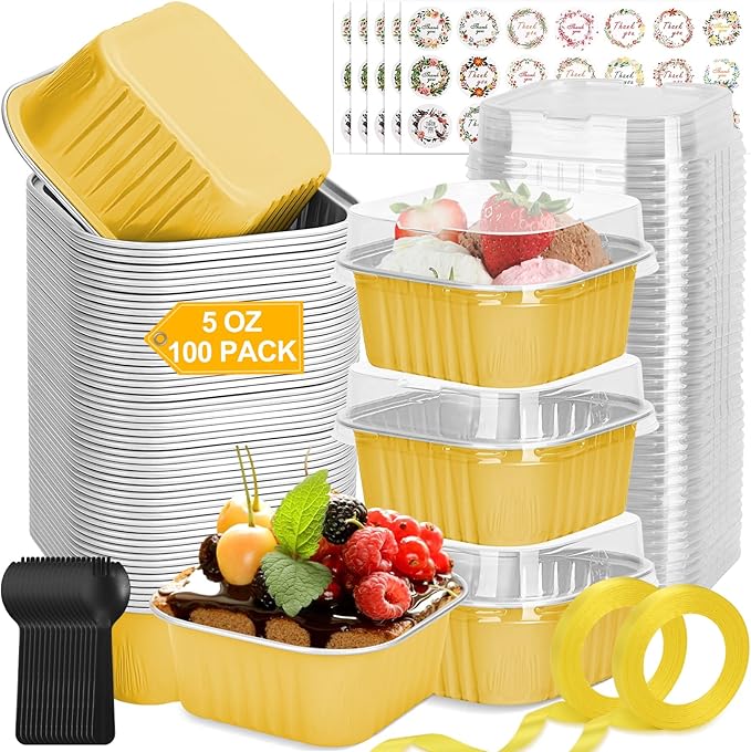 100 Pack Mini Cake Pans with Lids and Spoons, 5oz Square Aluminum Foil Loaf Pans Gold Small Cake Tins Disposable Baking Pans Dessert Cupcake Cups with Ribbon Decals for Wedding Birthday Party Picnics