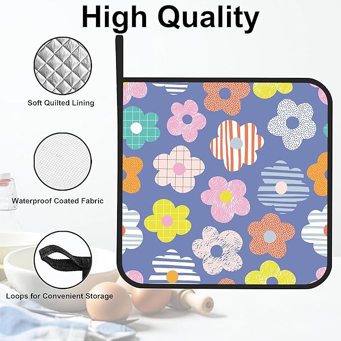Vintage Boho Daisy Flowers Pot Holders Set of 2 Kitchen Heat Resistant Potholders for Microwave Cooking Baking Oven End Dishes and BBQ Gifts for Women