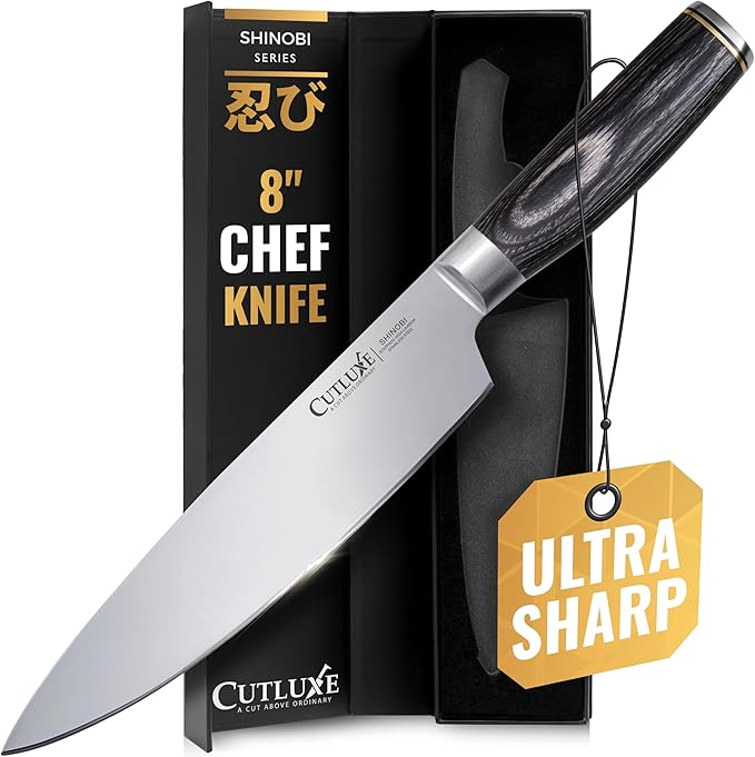 Cutluxe Chef Knife – Ultra Sharp 8" Japanese Kitchen Knife, High Carbon Stainless Steel Blade, Full Tang Pakkawood Handle – Shinobi Series