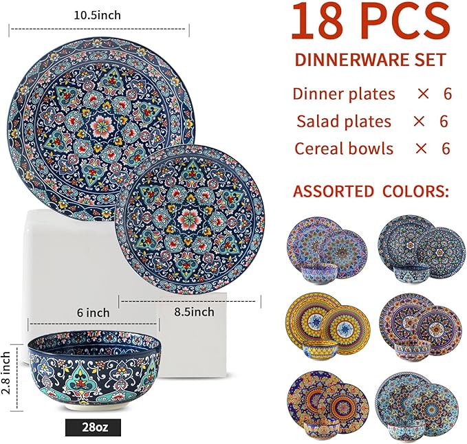 Hasense 18 Pieces Kitchen Dinnerware Sets Service for 6, Bohemian Style Plates and Bowls Set, Ceramic Vintage Tableware Dishes Set, Scratch Resistant Microwave and Dishwasher Safe, Assorted Color