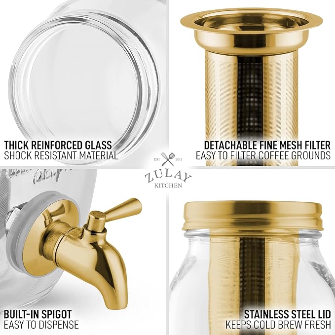 Zulay Kitchen 1.5 Liter Cold Brew Coffee Maker with EXTRA-THICK Glass Carafe & Stainless Steel Mesh Filter - Premium Iced Coffee Maker, Cold Brew Pitcher & Tea Infuser (Gold)