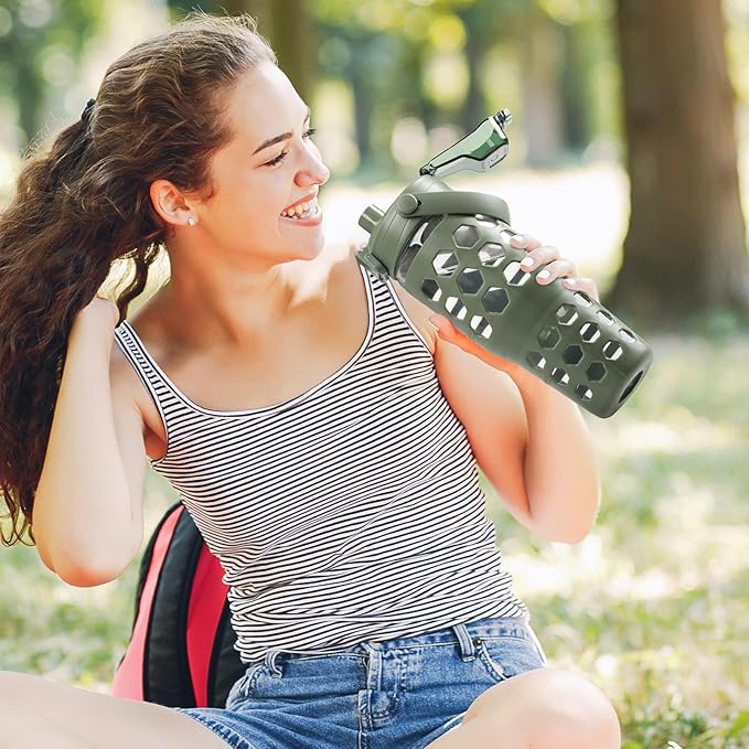 MUKOKO 32 oz Glass Tumbler with Straw,Glass Water Bottles with Time Marker,Iced Coffee Cup with 2 Lids-Handle Spout Lid&Straw Lid,Silicone Sleeve,Leakproof,1 Pack-Olive