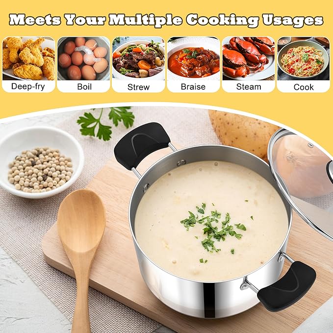 4 Quart 3-Ply Cooking Stock Pot with Lid, P&P CHEF Stainless Steel Large Pot for Pasta Soup, Work on Multi Stove, Heavy Duty & Dishwasher Safe, Dual Heat-resistant Handles & Visible Lid