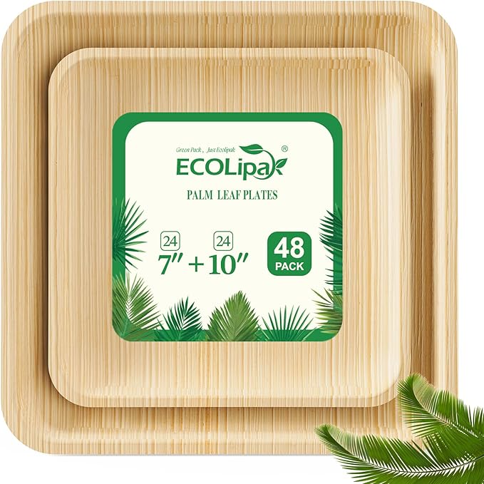 ECOLipak 48 Pack Compostable Palm Leaf Plate Like Bamboo Plate, 10 Inch and 7.85 Inch Disposable Biodegradable Plates Suitable for Party, Dinner