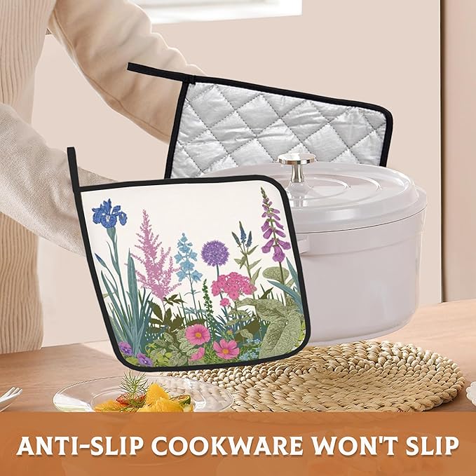 Weed Pot Holder Set of 2,Herbs and Wild Flowers Kitchen Heat Resistant Potholder for Women Men BBQ Cooking Baking