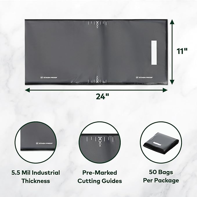 Vacuum Seal Bags 11" x 24" (50 Count) 5.5 Mil, Black and Clear- BPA Free Commerical Grade Food Saver for Storage, Sous Vide, and Meal Prep Sealer Bag