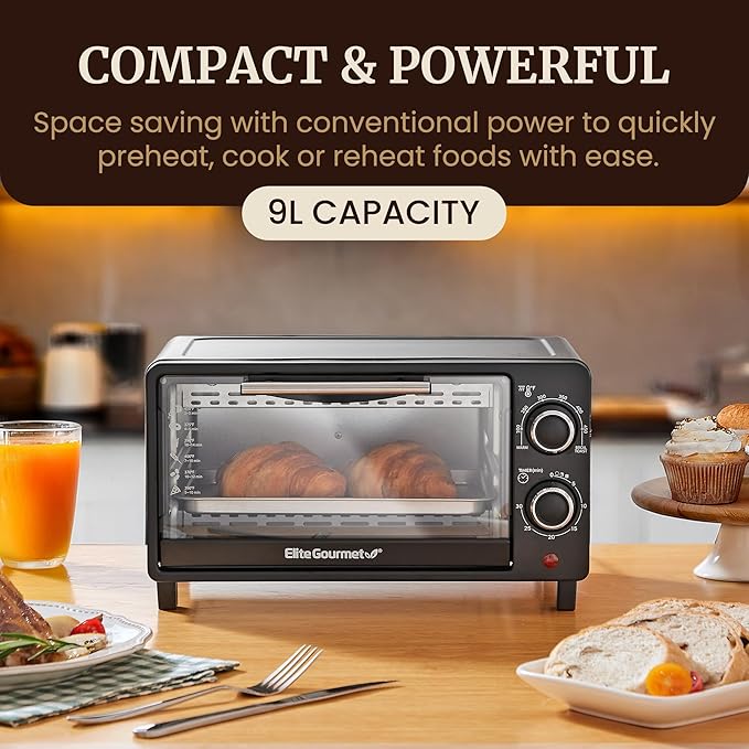 Elite Gourmet ETO490 9L/4 Slice Countertop Toaster Oven with 30-Minute Timer, Adjustable Temperature Control, Includes Baking Pan and Wire Rack, Bake, Broil, Toast, Black