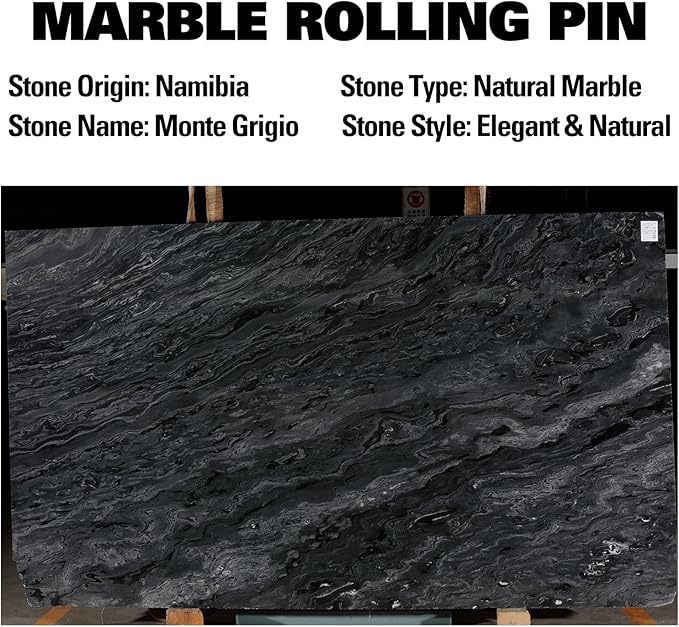 African Natural Marble Rolling Pin, Non-Stick Polished Dough Roller, Pasta, Dumpling, Fondant, Pie Crust, Bread, Pizza Dough, Kitchen Baking Pastry Tools with Mat/Scraper(Monte Grigio)