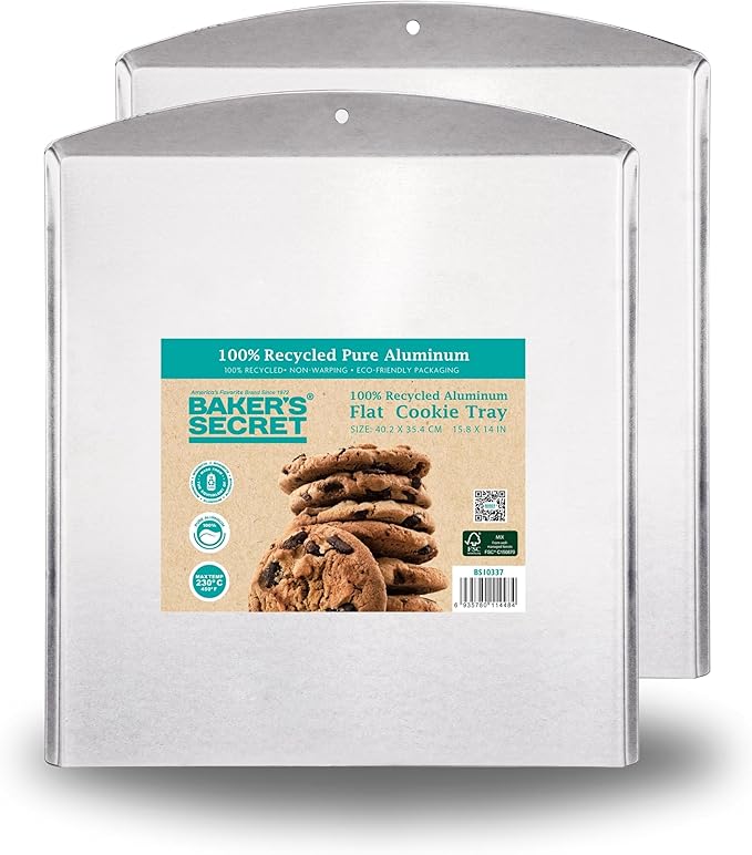 Baker's Secret Commercial Grade Natural Pure Aluminum 2pcs Cookie Sheet Flat 16", 100% Recycled, Baking Tray For Oven, Chemical Free No PFOA, PFOS, and PTFE - The Natural Aluminum Collection