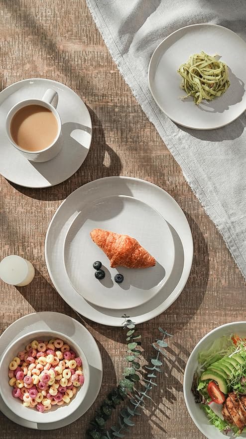 Famiware Moonlight Plates and Bowls Sets, 12 Pieces Stoneware Dinnerware Sets with Linen Finish, Handmade Dishware Set for 4, Microwave and Dishwasher Safe, Chip and Scratch Resistant, White