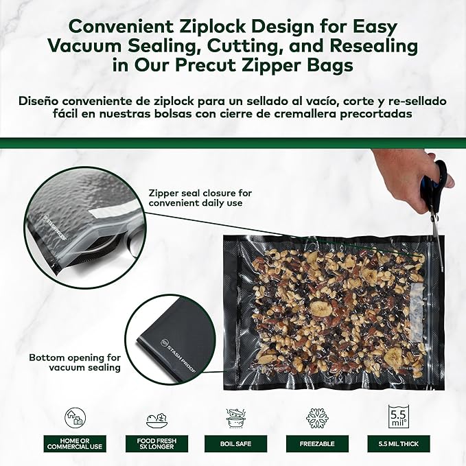 Resealable Zipper Vacuum Seal Bags 11" x 16" (50 Count) 5.5 Mil (Black and Clear) - BPA Free Commerical Grade Food Saver for Storage, Sous Vide, and Meal Prep Sealer Bag