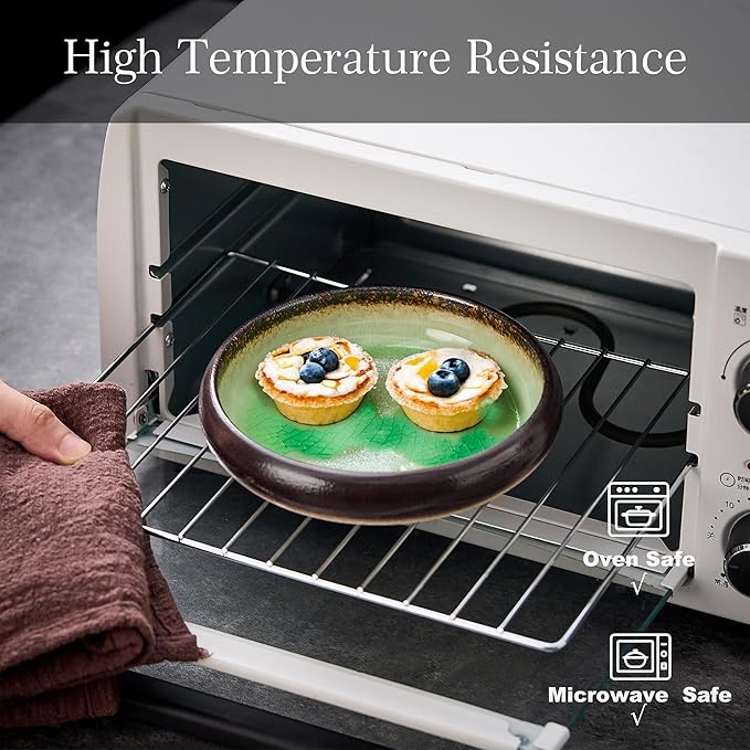 Ceramic Dinner Plates Set of 4, 6 Inch Large Porcelain Pasta and Salad Plates, Stoneware Plate Set for 4, Handmade Round Dishes for Home Decor, Microwave,Oven,and Dishwasher Safe, Green