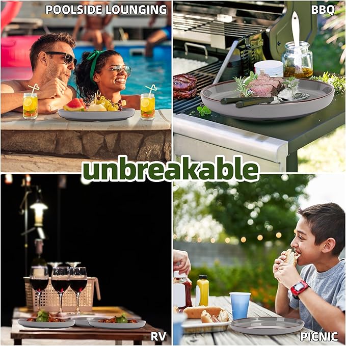 12-Piece Melamine Dinnerware Sets – Unbreakable Plates & Bowls Sets for Outdoor, Camping, Picnic, Party – Durable Dishware Sets, Lightweight & Shatterproof (Fog Gray)