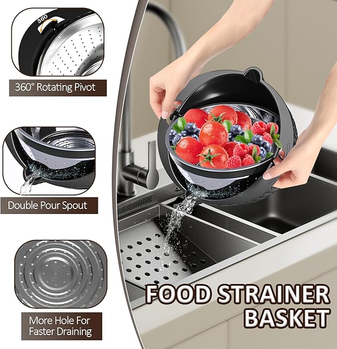 Colanders, 4-1 Colander with Mixing Bowls Set, Strainers for Kitchen, Food Strainers with Grater, Kitchen Gadgets Strainer Basket for Draining Pasta, Vegetable, Fruit & Veggie Washerl,Black