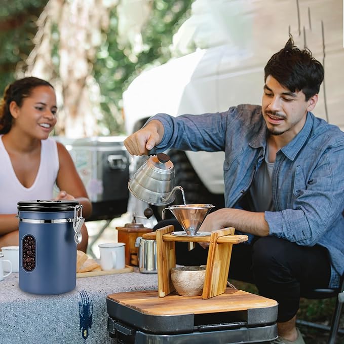 1800ML Airtight Coffee Canister with Date Tracker&Transparent Window, 22.8OZ Coffe Beans Storage with 30ML Measure Spoon&4 co2 Valve, Coffee Container for Grounds Coffee, Beans, Tea, Sugar&Flour(Blue)