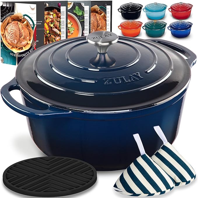 Zulay Kitchen 6 Quart Enameled Cast Iron Dutch Oven with Lid - Premium Durability & Oven Safe up to 500°F – Heavy Duty Cookware Perfect for Bread Baking, Stews, Braising & Roasting - Lapis Lazuli