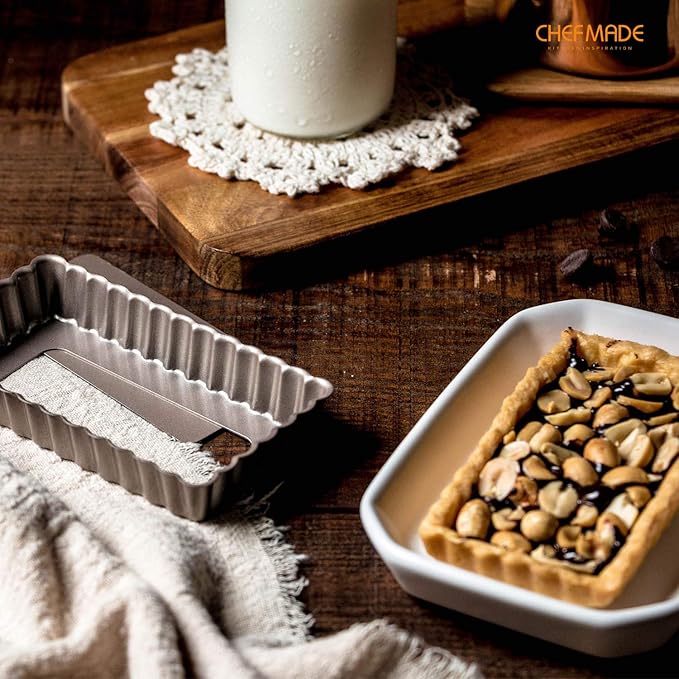 CHEFMADE Mini Rectangle Tart Pan Set, 2x4-Inch 4Pcs with Removable Loose Bottom Non-Stick Oblong Quiche Bakeware for Oven and Instant Pot Baking (Champagne Gold)