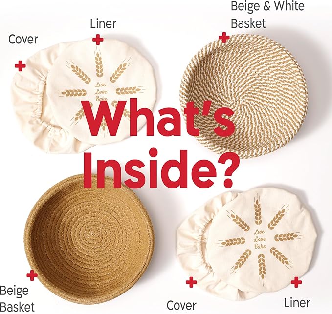 Cotton Rope Banneton Bread Proofing Basket Set, 2 x Round Bread Basket with Liners & Covers for Artisan Bread Baking, Sourdough Bread Baking Supplies