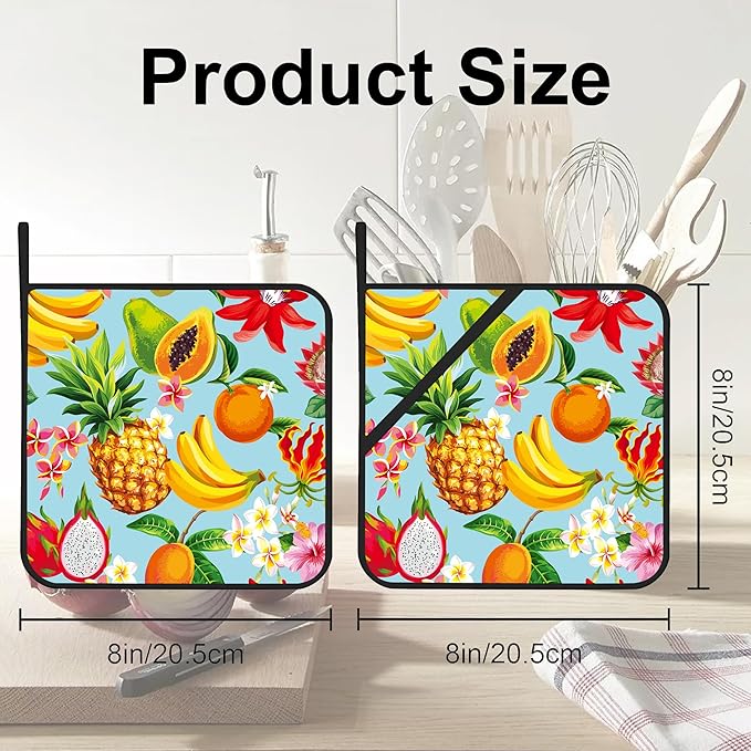 Hawaiian Tropical Fruits Pot Holders Set of 2 Heat Resistant & Non Slip Potholders, Flowers Oven Hot Pads for Kitchen Cooking Baking Barbecue