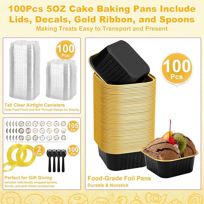100 Pack Mini Cake Pans with Lids and Spoons, 5oz Square Aluminum Foil Loaf Pans Black Gold Small Cake Tins Disposable Baking Pans Dessert Cupcake Cups with Ribbon for Wedding Birthday Party Picnics