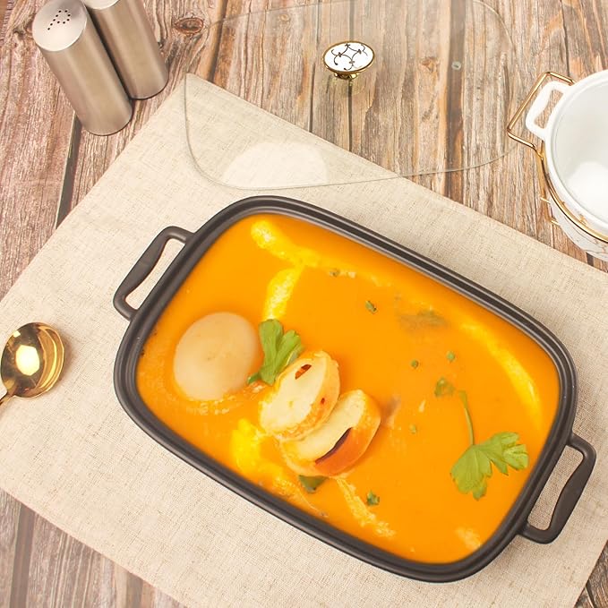 10" x 7" Ceramic Rectangular Casserole Dish with Glass Lid, 1.3 Quart Serving Soup Tureen,Chafing Dish for Buffet, Family Food preserve Tray, Catering for Party Style, Black