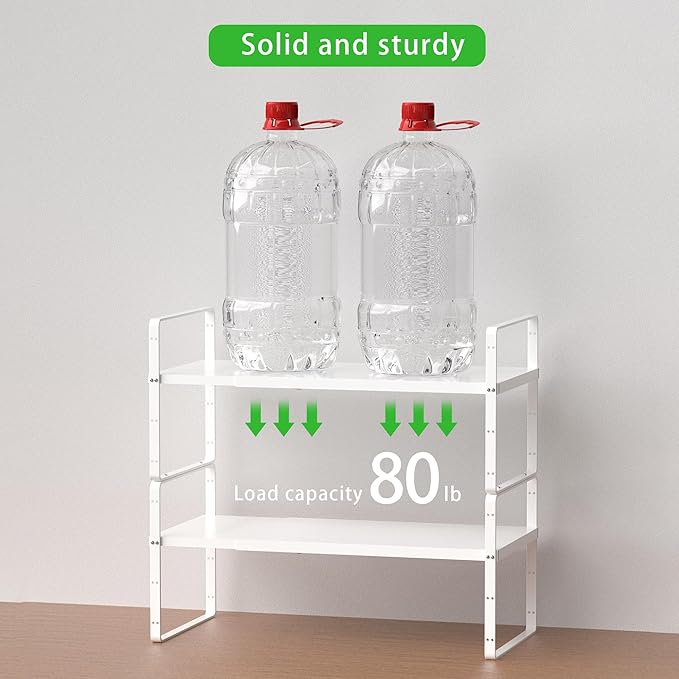 Expandable Cabinet Storage Shelf Stackable Organizer Rack for Kitchen Bathroom Pantry Spice Cupboard Countertop Home Office Desk Heavy Duty Nonslip White Large 3 Pack