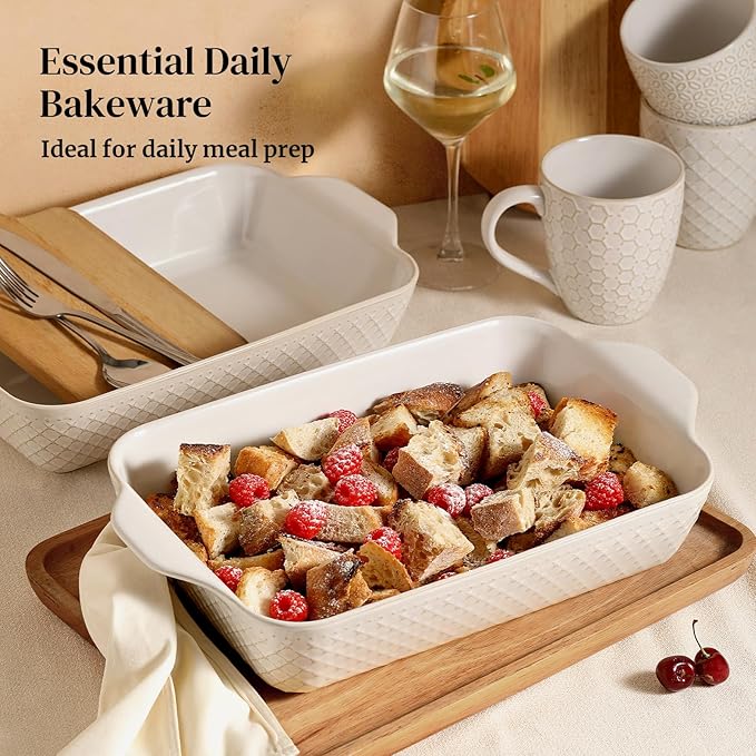 DOWAN 9x13 Deep Lasagna Baking Dish, Ceramic Casserole Dish for Oven, 4 Quarts Embossed Baking Pan with Handles, Oven Safe Bakeware for Roasting, Desserts, Durable & Giftable, Arctic White
