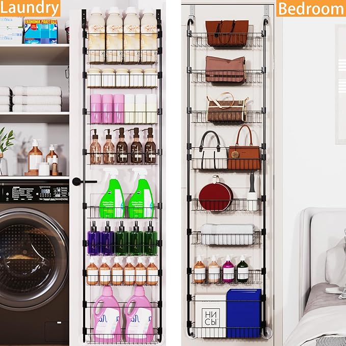8-Tier Over The Door Pantry Organizers, Pantry Door Organizer and Storage with Adjustable Baskets,Heavy-Duty Metal Spice Rack,essential kitchen and home Shelves (Black)