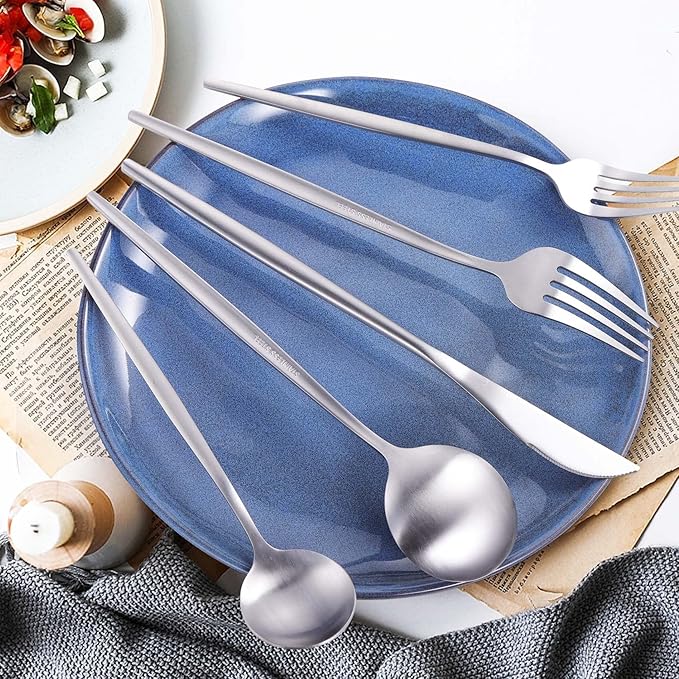 MIKIWAY 60-Piece Silverware Set for 12, Stainless Steel Flatware, Matte Cutlery Tableware, Kitchen Utensils Include Spoons and Forks, Satin Polished, Dishwasher Safe