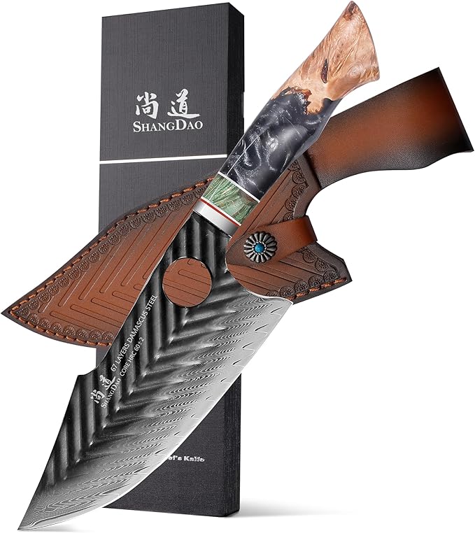 SHANGDAO Damascus Butcher Knife 7 Inch, Viking Cleaver Kitchen Knives with Leather Sheath - 67 Layers Alloy Steel with Professional Hand Forged Resin & Wood Handle QILIN Series