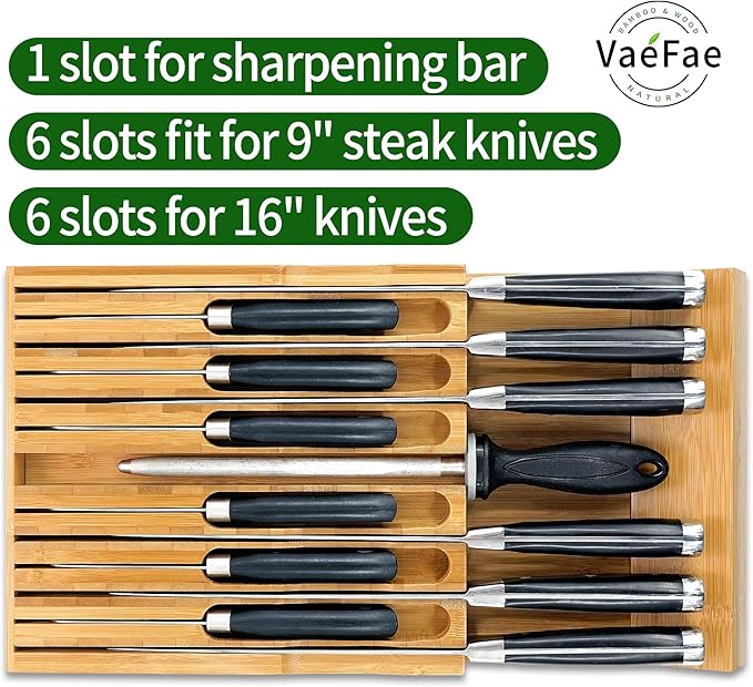 VaeFae Bamboo Knife Drawer Organizer, Knife Drawer Organizer Insert, Kitchen Drawer Knife Block for 12 Knives and a PLUS Slot for your Knife Sharpener (Without Knives)
