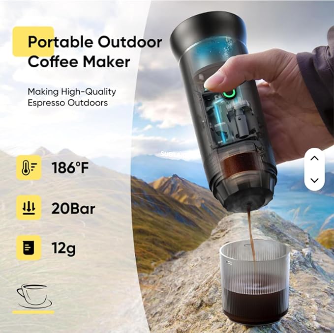 Portable Espresso Maker – Self-Heating USB-C Rechargeable Travel Coffee Maker for Car, Camping, Office, Hiking, portable coffee maker With Ground Coffee & NS Capsule (Black)