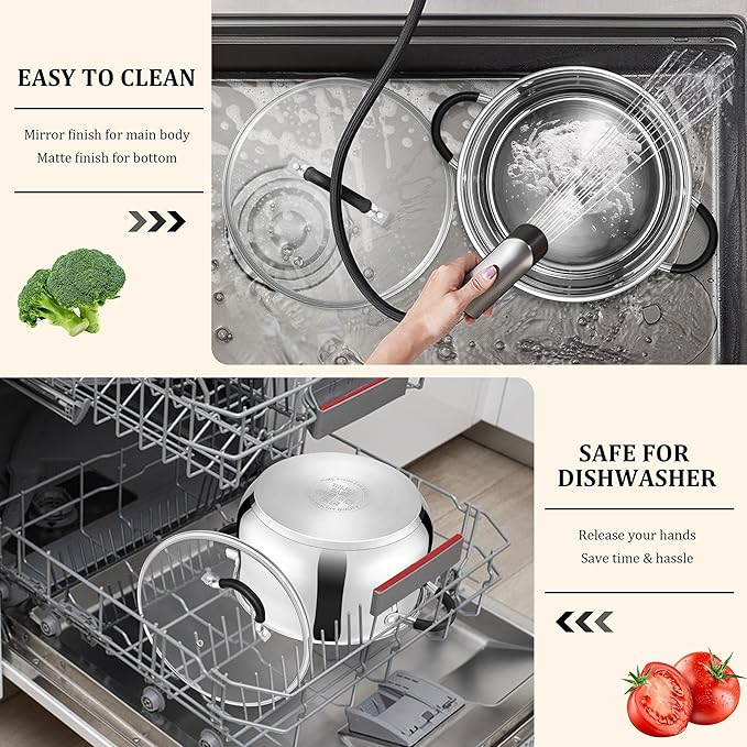 E-far 6 QT Stainless Steel Pot, Stock Cooking Pot with Visible Lid for Simmering Soup Pasta, Tri-Ply Thick Base for Induction Gas, Dual Silicone Handles for Heat Proof, Non-Toxic & Dishwasher Safe