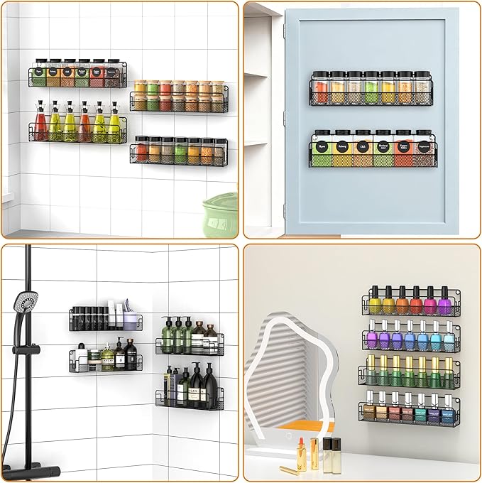 Wall Mounted Spice Rack Organizer, Pantry Door Organizer & Hanging Storage Baskets, Metal Spice Shelf for Kitchen Cabinet, 3 Depth Sizes Hold Large Jars to Nail Polish Bottles, 4 Pack