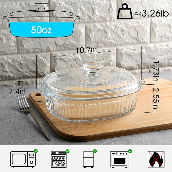 NUTRIUPS 1.9QT Oval Glass Casserole Dish with Glass Lid, Borosilicate Glass,Oval Casserole Dish for Oven, Baking Dish with Lid