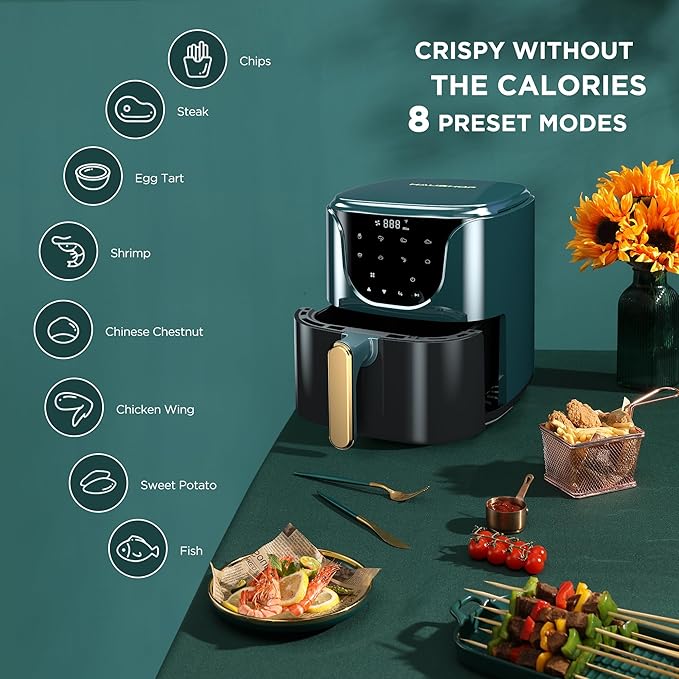 HAUSHOF 5.8 QT Air Fryer Small Oven, Digital Oil-Less Cooker 1450 W Airfryer, 8 Presets Cooking Functions, Time & Temperature Control, with Nonstick Tray, Green