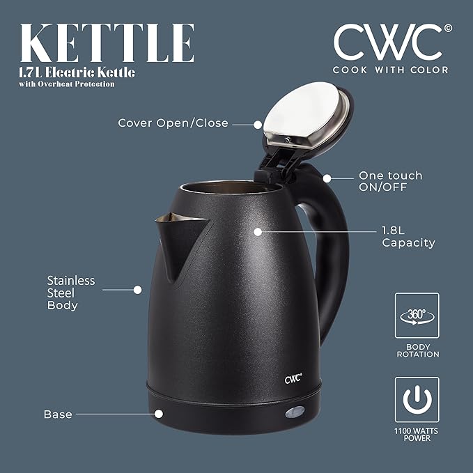 COOK WITH COLOR Electric Kettle - Rapid Boil, Sleek Design, and Safety Features - Great for Quick and Easy, Stainless Steel Black, 1.7 Liters