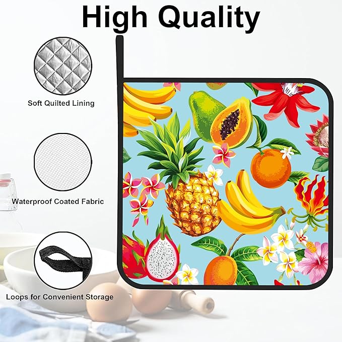 Hawaiian Tropical Fruits Pot Holders Set of 2 Heat Resistant & Non Slip Potholders, Flowers Oven Hot Pads for Kitchen Cooking Baking Barbecue