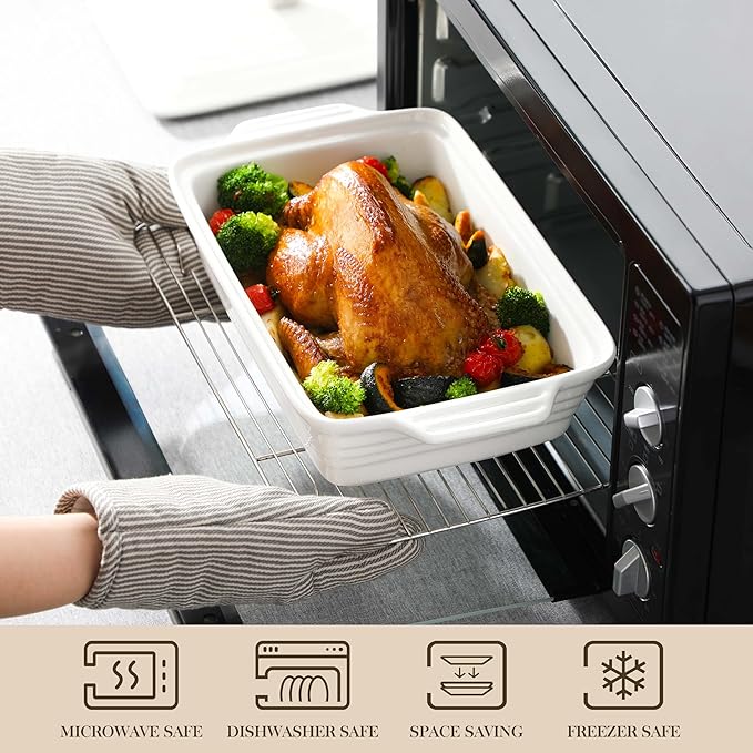 MALACASA 4.4 Quart Baking Dish With Lid, Porcelain Casserole dish with Lid, 13 x 9 Lasagna Pan Deep with Lid, Rectangular Bakeware With Handle, Microwave, Oven Safe, White, Series BAKE