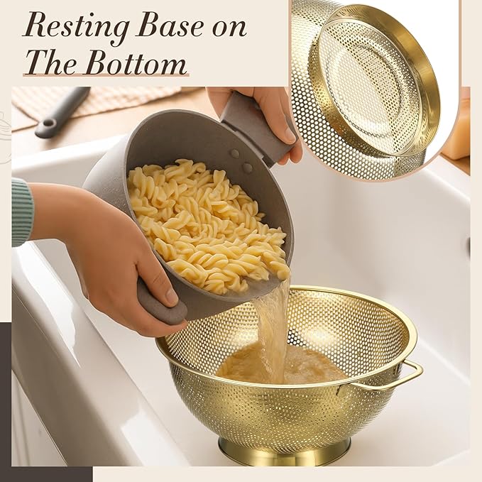 Sawysine 5 Pcs Gold Kitchen Appliances Includes 4 Quart Gold Colander and 2 Pcs Strainer Set, Lemon Squeezer, Stainless Steel 4 Sides Grater Slicer with Handle for Kitchen