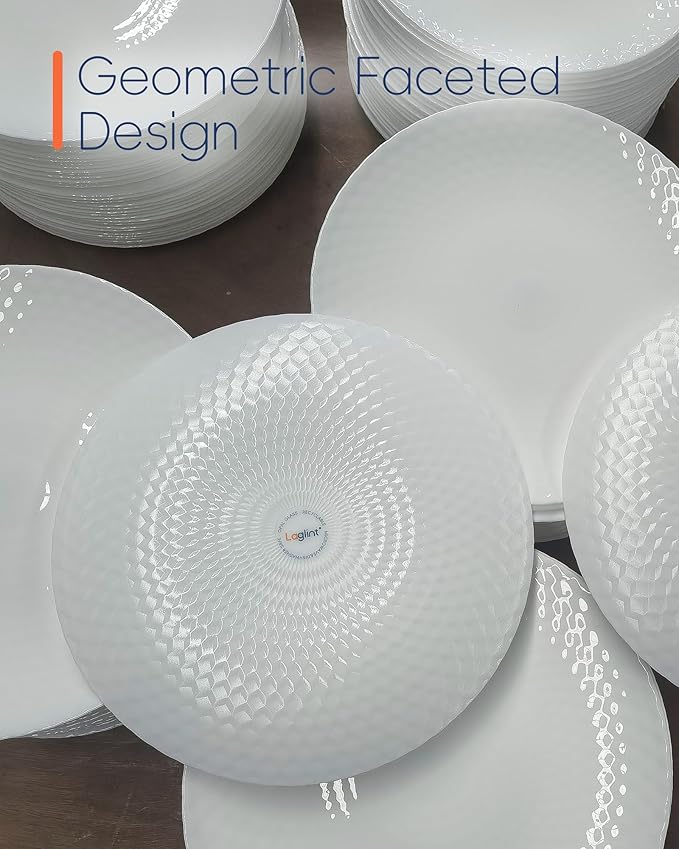 10.5 inch Dinner Plate Set of 6, Light and Durable Opal Glass Geometric Faceted White Dinnerware Plates, Dishwasher and Microwave Safe