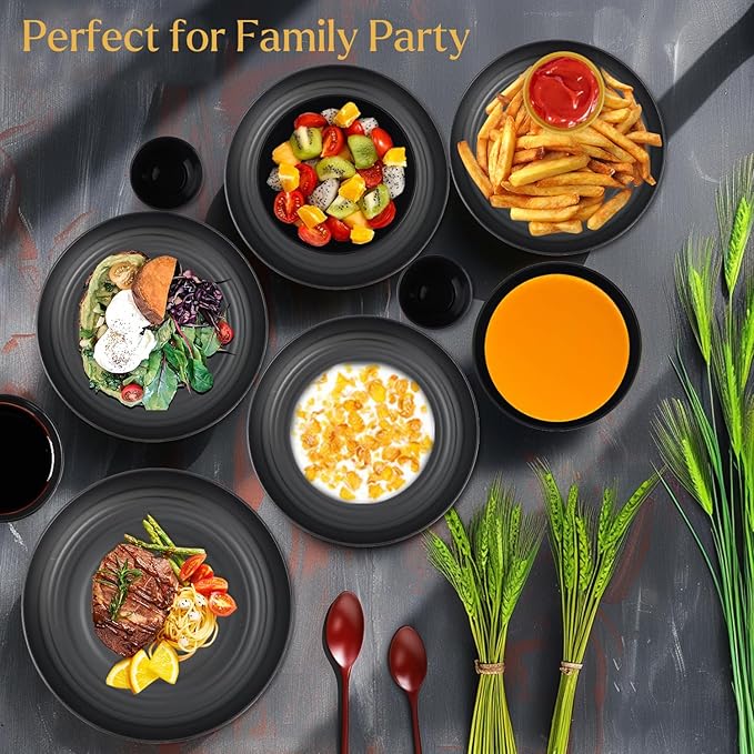 Wheat straw dinnerware sets of 16-10 inches plates,26oz bowls,2oz dipping bowls,12ozcups - Unbreakable plates and bowls sets microwave safe and dishwasher safe,service for 4. Black