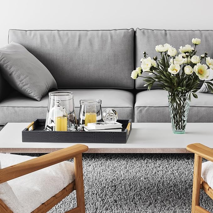 17" x 12" Wood Serving Tray with Gold Polished Metal Handles, Home Decorative Wooden Rectangle Ottoman Leather Decor Platter Bathroom Vanity Tray for All Occasions Alligator Black