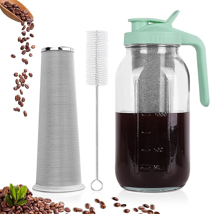 Cold Brew Coffee Maker,64 oz Wide Mouth Mason Jar Pitcher with Stainless Steel Filter, Pour Spout Handle Lid, Heavy Duty Glass Airtight & Leak-Proof Pitcher for iced coffee & Tea Lemonade-Green