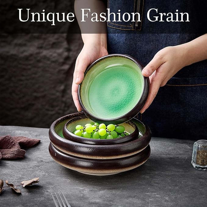 Ceramic Dinner Plates Set of 4, 6 Inch Large Porcelain Pasta and Salad Plates, Stoneware Plate Set for 4, Handmade Round Dishes for Home Decor, Microwave,Oven,and Dishwasher Safe, Green