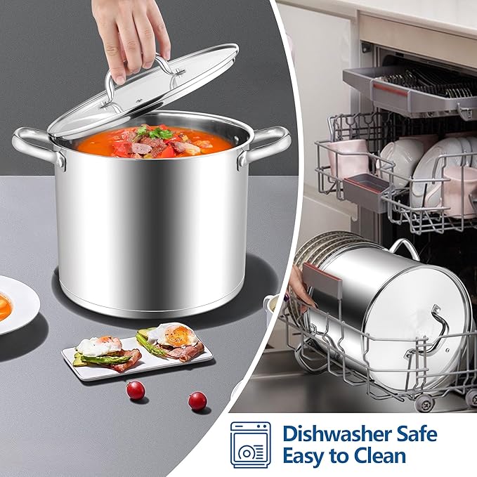 E-far 12 Quart Cooking Stock Pot, Large Stainless Steel Pot for Canning Simmering Stewing, Heavy Duty Cookware with Tri-ply Base for Induction Gas Stoves, Soup Pots with Glass Lid, Dishwasher Safe